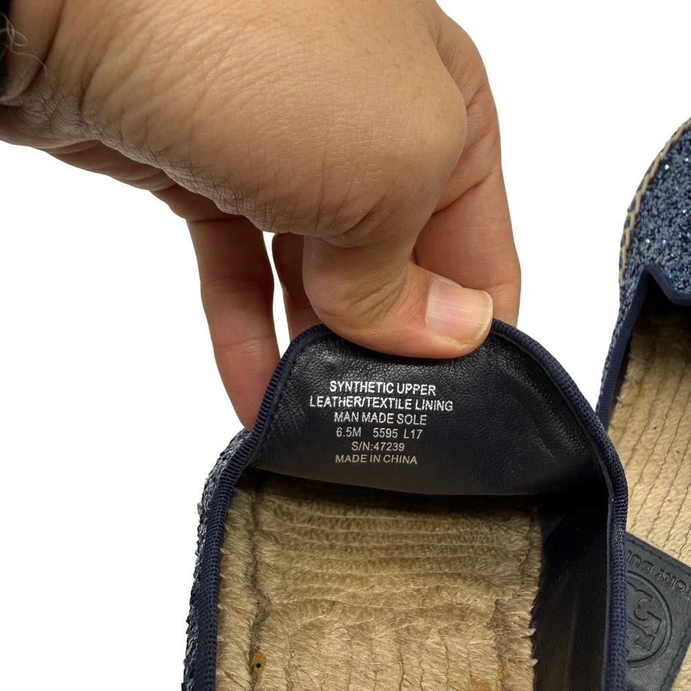 Tory Burch Max Glitter Espadrille Slide‎ Navy Blue Womens Size 6.5 Mules